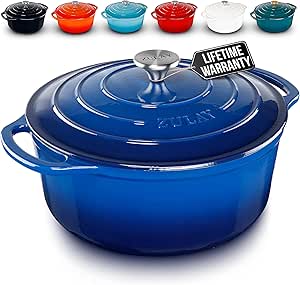 Zulay Kitchen 6 Quart Enameled Cast Iron Dutch Oven with Lid – Premium Durability & Oven Safe up to 500°F – Heavy Duty Cookware Perfect for Bread Baking, Stews, Braising & Roasting – Sapphire Blue