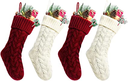 Kunyida Christmas Stockings Bulk, 20 Inch Burgundy and Ivory Knit Stockings Christmas Holiday Decoration, 4 Pack