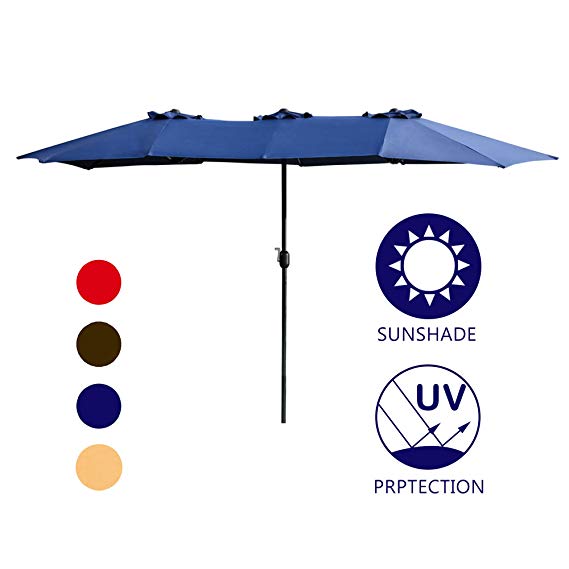 LOKATSE HOME Double-Sided Market Patio Outdoor Umbrella 15 Feet Garden Aluminum Twin Sun Canopy with Crank, 2 Middle Blue