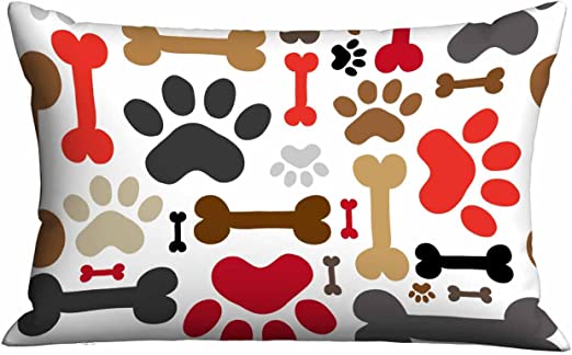 Mugod Pillow Cover Colorful Dogs Paws and Bones Hand Drawn,Standard Throw Cushion Cover for Bed Couch Sofa Office Decor 20x30 Inches