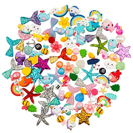 Petift 100pcs Slime Charms Cute Set Mixed Mermaid Tails,Unicorns,Ducks,Animals,Resin Flatback Slime Cabochons Beads for Kids and Adults Craft Making,Ornament Scrapbook DIY Crafts