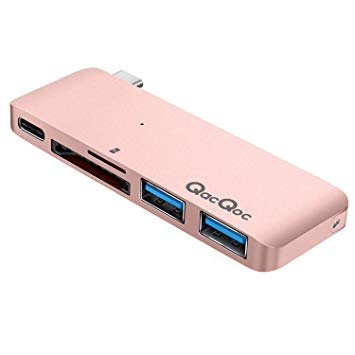 TICTID GN21B USB-C Hub,High-speed Type-C Hub with Power Delivery 2 superspeed USB 3.0 ports, 1 SD Crad port, 1 TF Card port card reader for MacBook, Aluminum Alloy Build (Rose gold)