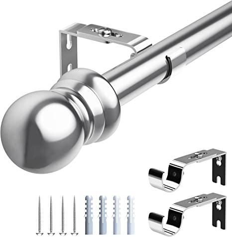 Curtain Pole for Windows, 76-369cm, 2.5cm Thickness Adjustable Single Curtain Rod with Round Finial Heavy Duty Decorative Windows Drapery Rods for Living Room, Bathroom, Bedroom, Silver