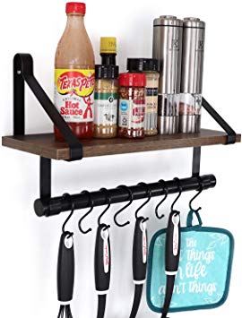 Under.Stated Wall Mounted Floating Shelf - Rustic MDF Wall Storage Rack with Towel Bar & Removable Hooks | Kitchen & Bathroom Organizer Rack (Rustic Brown)
