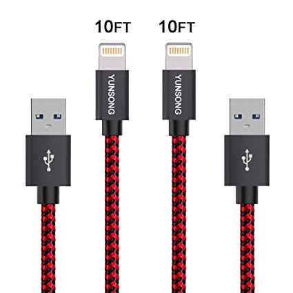 Lightning Cable, YUNSONG 2 PACK (10FT) Nylon Braided Charging Cable Cord Lightning to USB Cable Charger Compatible with iPhone 7/ 7 Plus/6/6s/6 plus/6s plus/ 5s/5c,iPad, iPod and More (Red)