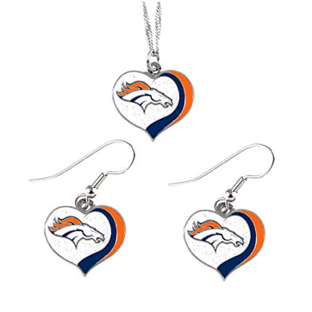 aminco Denver Broncos Sports Team Logo Glitter Heart Necklace and Earring Set