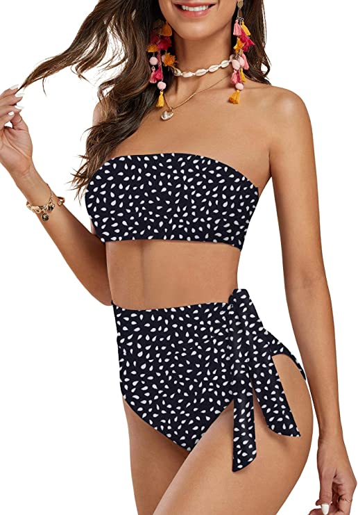 Ferbia Women Strapless Bikini Set High Waisted Bandeau Swimsuits Tie Wrap Floral 2 Piece Bathing Suit Backless Swimwear