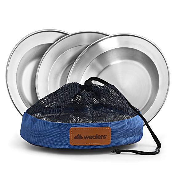 Stainless Steel Plate Set - 8.5 inch Ultra-Portable Dinnerware 3 Pack Round BPA Free Plates with Mesh Travel Bag for Outdoor Camping | Hiking | Picnic | BBQ | Beach