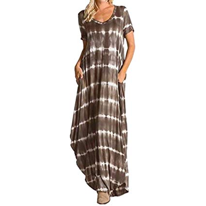 FEITONG Women's Casual Striped Maxi Short Sleeve Split Tie Dye Long Dress with Pocket
