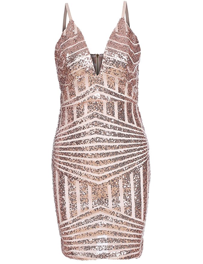 ROMWE Women's Sequin V-Neck Spaghetti Strap Bodycon Cocktail Dress