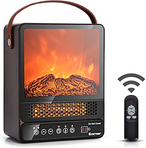 COSTWAY Portable Electric Fireplace, 750W/1500W Mini Electric Heater with 50℉ to 90℉, 12H Timer, Remote Control, 4 Flame Brightness, Tabletop Fireplace Heater for Home Office Indoor Use, Walnut