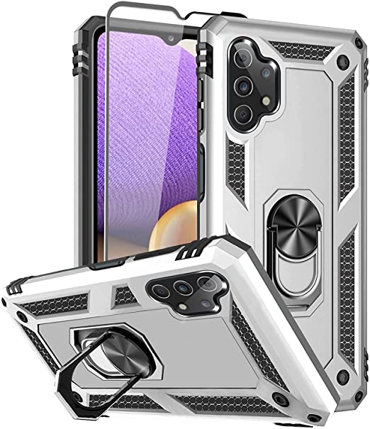 SunRemex Compatible with Samsung A32 5G Case with Tempered Glass Screen Protector Galaxy A32 5G Case Kickstand [ Military Grade ]. Drop Tested Protective Cover for Samsung A32 5G （2021）. (Silver)
