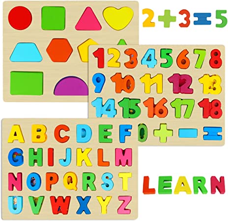Dreampark Wooden Puzzles for Toddlers, Wooden Alphabet Number Puzzles and Shape Puzzle for Kids Ages 3 4 5 and Up (3 Pack)