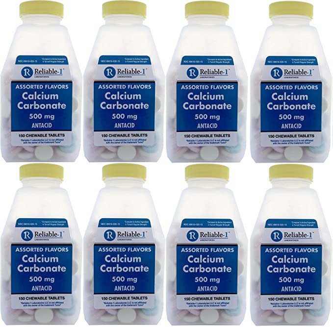 Calcium 500 mg Generic for Tums Assorted Fruit Flavored Chewable Tablets Regular Strength Antacid for Acid Indigestion, Heartburn, Sour Stomach 150 Chewable Tablets per Bottle Pack of 8
