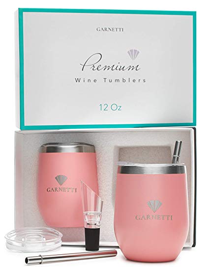 Wine Tumbler - Set of 2 - Insulated Wine Glasses with Bonuses - Premium Present Box - Lid, Stainless Steel Straw Set, Wine Aerator - 12 ounce Coral Red by Garnetti