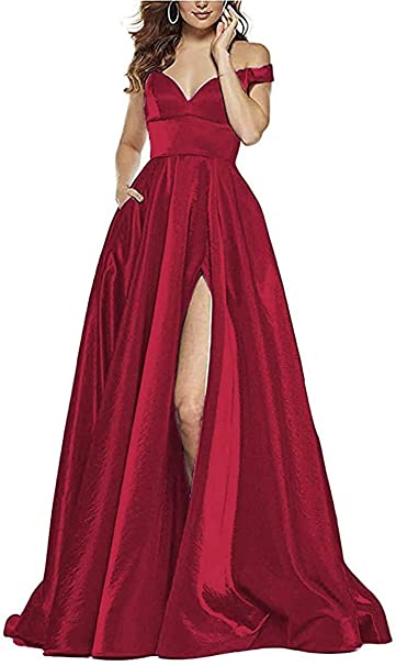 P PROMSTAR Women's Slit Off Shoulder Prom Dresses 2021 Ball Gown Long with Pockets Satin V Neck Evening Gown