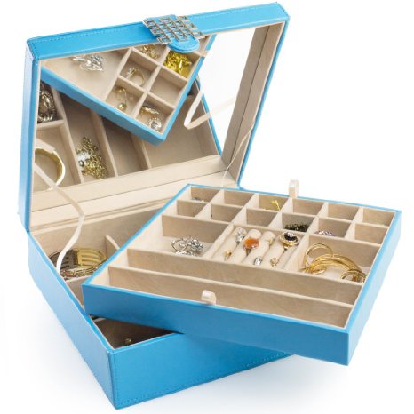 Jewelry Box - 28 Section Classic Jewelry Organizer with Modern Buckle Closure, Large Mirror & 2 Trays for Women Teens and Girls - Holder for Earring Ring Necklace Bracelet & Watch - PU Leather - Blue