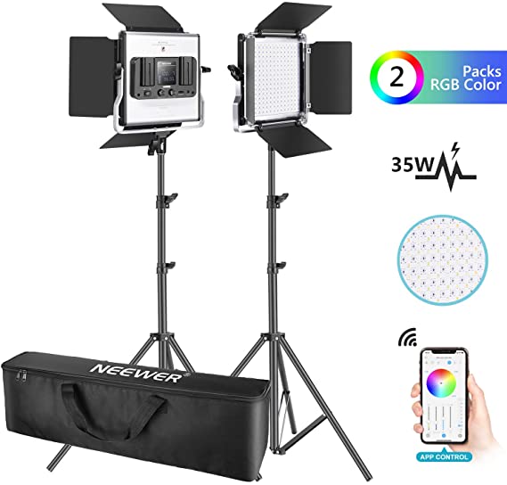 Neewer 2 Packs 530 RGB Led Light with APP Control, Photography Video Lighting Kit with Stands and Bag, 528 SMD LEDs CRI95/3200K- 5600K/Brightness 0-100%/0-360 Adjustable Colors/9 Applicable Scenes