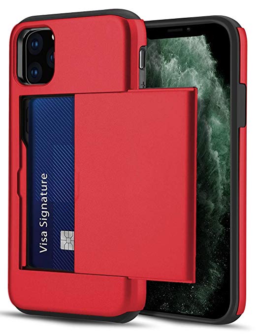 LUUDI Case for iPhone 11 Pro Case Wallet Protective Slim Shell Card Holder Sliding Cover Credit Card Slot Scratch Resistant Dual Layer Shockproof Bumper Case for iPhone 11 Pro 5.8 inches Red