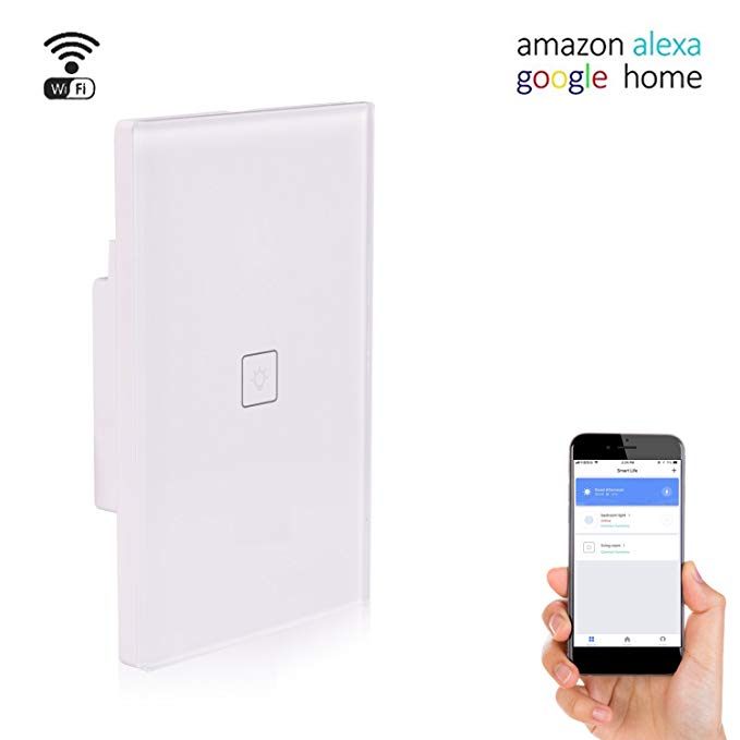 Smart Wifi Light Switch,Wireless Wall Touch Panel work with Alexa Echo,Google home, IFTTT,Smartphone App Remote Control Time Function (1 Switches 1 Gang)