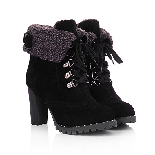 Milesline Fashion Women's Booties Winter Warm Fur Lined Lace Up Chunky High Heel Snow Boots