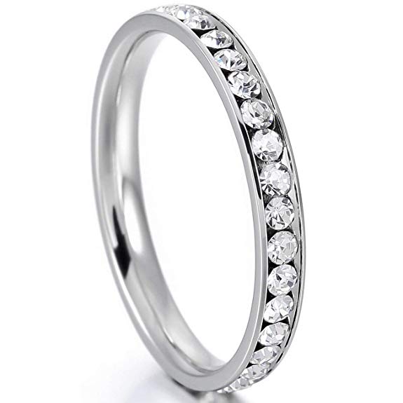 Flongo Womens Ladies Stunning Stainless Steel Clear Rhinestone 4mm Eternity Ring Promise Engagement Wedding Band