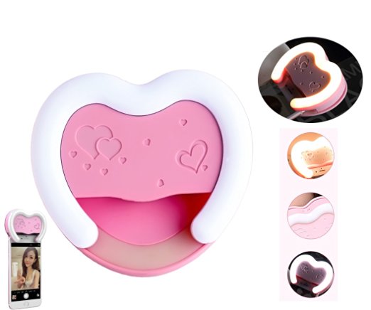 Selfie Light Breezesmile 38 LED Ring Fill Light with Makeup Mirror Heart Shaped for iPhones iPad Macbook and Android Smart Phones Enhancing Photos/Videos SOS Signal (Pink)