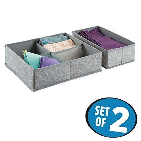 mDesign Set of 2 Drawer Organiser - Fabric Wardrobe Organiser for Cupboard or Dresser - Drawer Insert with 5 Compartments for Socks, Underwear, Bras - Grey