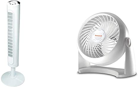 Honeywell White Comfort Control Tower Fan, Slim Design, Powerful Cooling, 1 Pack & Kaz HT-904 Tabletop Air-Circulator Fan White,Small