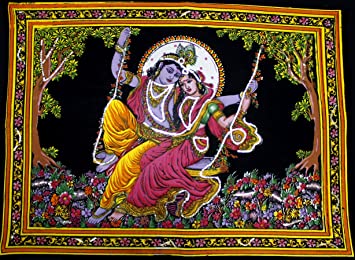 Krishna Mart India Lord Krishna & Goddess Radha Sequin Sitara Batik Cotton Wall Tapestry 40" X 30"