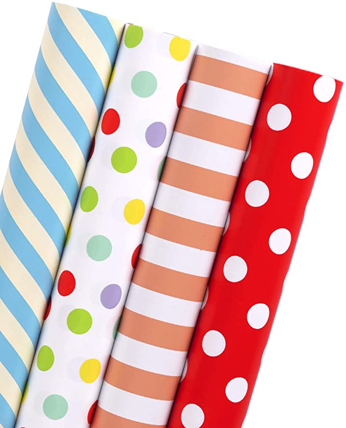 WRAPAHOLIC Wrapping Paper Roll - Stripes and Polka Dots Print with Cut Lines for Birthday, Holiday, Baby Shower - 4 Rolls - 30 inch X 120 inch Per Roll