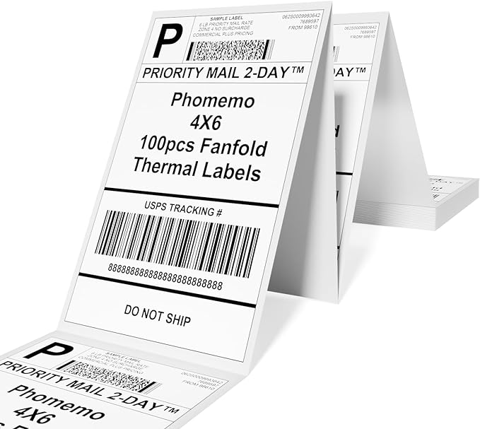 Phomemo 4"x6" Direct Thermal Shipping Label, Pack of 100 4x6 Thermal Labels Fanfold - for Shipping Labels,Mailing,Address, Product Logo, Barcode Labels,Strong Adhesive (White)