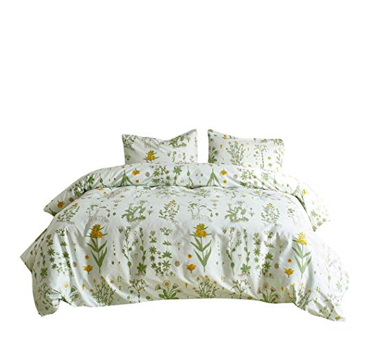 RheaChoice Pastoral Style Floral Plant Canary Yellow Design 3 Piece Duvet Cover Set Stylish Brushed Microfiber Bedding Set with Zipper and Corner Ties - King Size (104"x90")