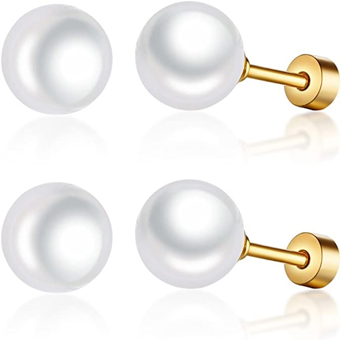 2 Pairs White Simulated Freshwater Pearl Hypoallergenic Stud Earrings Jewelry for Women Girl,Screw Back