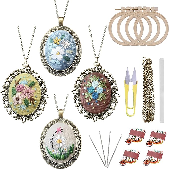 ZOCONE 4 Packs Embroidery Necklace Kit, Embroidery Pendant Kit Mini Cross Stitch Kit with 4 Hoops, Necklace, Pendant, Stamped Pattern Cloth, Instructions, etc, Embroidery Kit for Adults