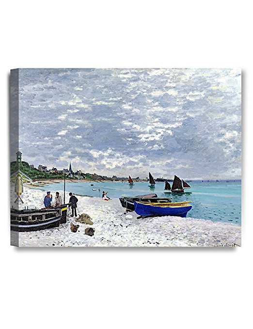 DecorArts - The Beach at Sainte-Adresse, Claude Monet Art Reproduction. Giclee Canvas Prints Wall Art for Home Decor 20x16"