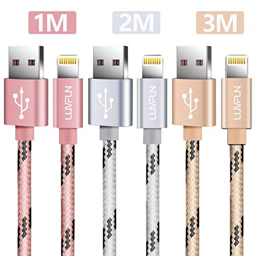 [3-PACK]iPhone Cable, LUVFUN 1M 2M 3M Nylon Braided Lightning Cable [Sync & Fast][Durable] Charger Cable/Charging Cable for iPhone 8 / 8 Plus / 7 /7 plus / 6s / 6s plus / 6 / 6 plus / SE / 5s / 5c / 5, iPad 2/ 3 /4 Mini, iPad Pro Air, iPod & more (Rose Gold Silver Gold)