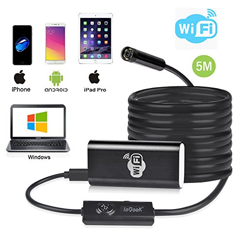 WiFi Endoscope, ieGeek HD Wireless Borescope Video Inspection Camera 2.0 Megapixels 8mm Snake Camera Waterproof Tube Pipe Camera for iPhone IOS, Samsung, Android Smartphone, PC, iPad, Tablet - 5 Meter