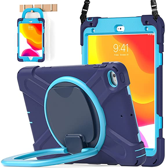 BATYUE iPad Mini 5 Case,iPad Mini 4 Case, Heavy Shockproof Drop Case with Pencil Holder , 360° Swivel Stand , Shoulder Strap;Cover for iPad Mini 5th/4th Generation 7.9 Inch;for Kids(Navy Blue Blue)