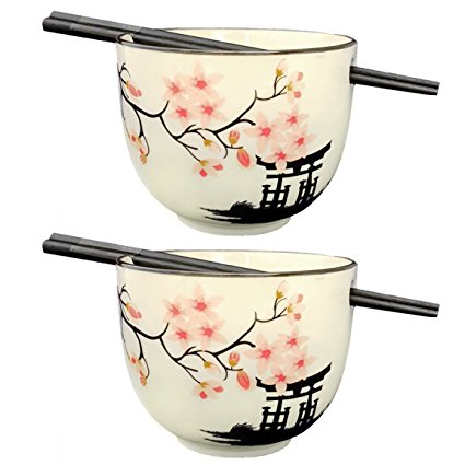 Happy Sales HSBS-CBWP2, Perfect 2 pc White and Pink Blossom Ramen Udon Noodle Soup Rice Cereal Bowls w/ Chopsticks