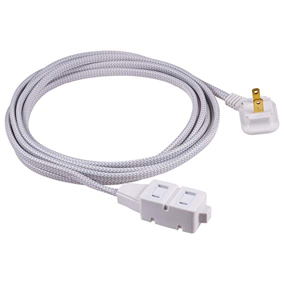 GE 12 Ft Extra Long Designer Braided Extension, 3 Strip, 2 Prong Outlets, Flat Plug, Tangle-Free Power Cord, Perfect for Home, Office or Kitchen, UL Listed, Gray & White, 42385