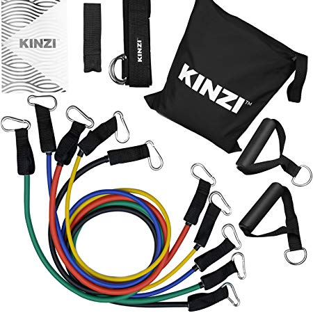 Kinzi Resistance Band Set with Door Anchor Ankle Strap Exercise Chart and Resistance Band Carrying Case