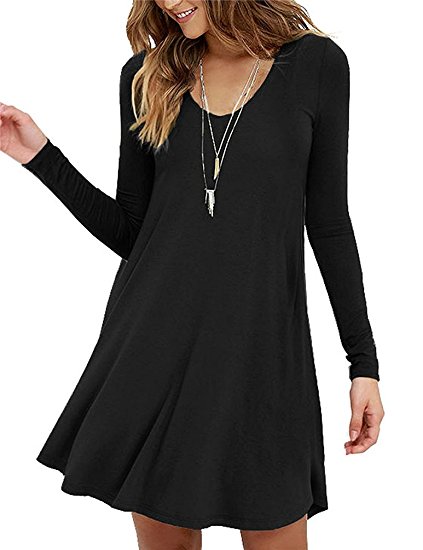 VOGRACE Women's T-shirt Dress Long Sleeve Plain Simple Casual Swing Dress