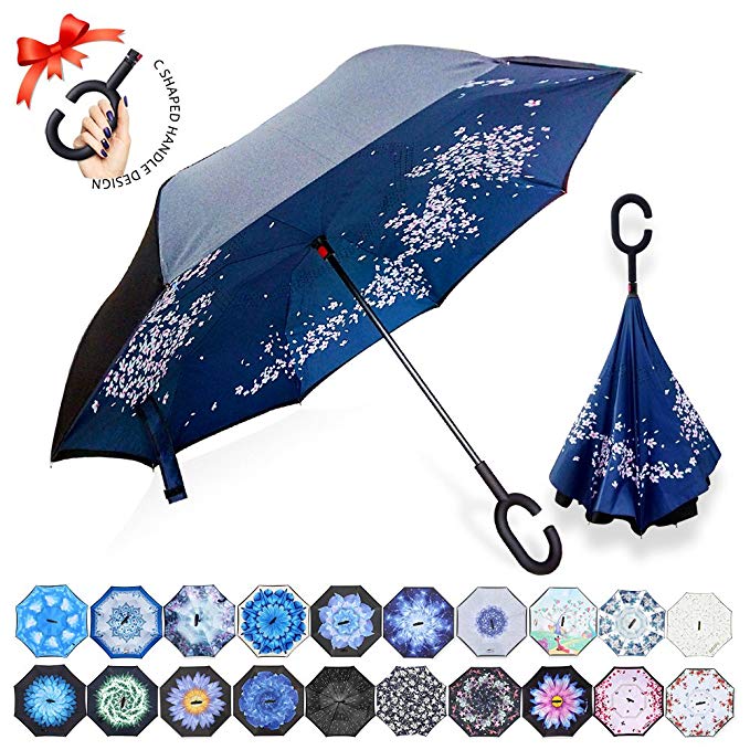 ZOMAKE Double Layer Inverted Umbrella Cars Reverse Umbrella, UV Protection Windproof Large Straight Umbrella for Car Rain Outdoor With C-Shaped Handle