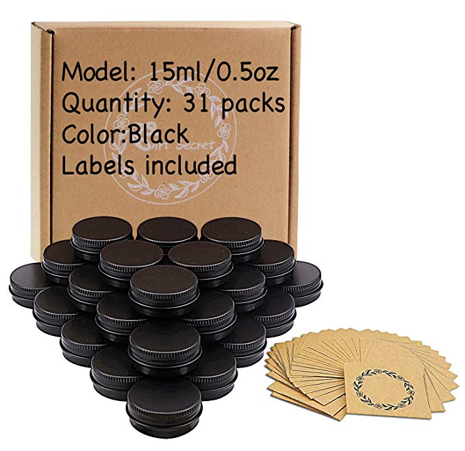31pcs 0.5oz/15ml Black Aluminum Tin Jar with Screw Lid and Blank Labels