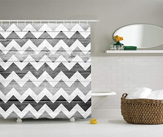 Ambesonne Chevron Shower Curtain Geometric Illustration Decorations, Pattern on Wood Background Design, Polyester Fabric Bathroom Set with Hooks, 84 Inches Extra Long, Grey WhiteSmoke