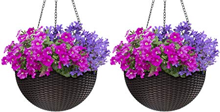 Sorbus Hanging Planter Round Self-Watering Basket, Resin Woven Wicker Style, Great for Home, Garden, Patio - Espresso Brown (Large, 2-Pack)