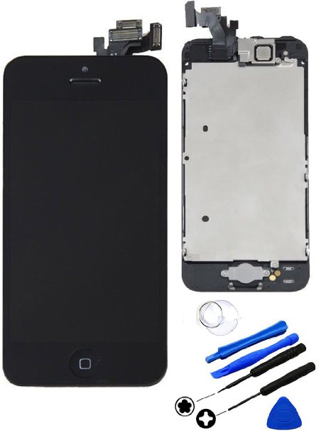 Repair Cracked OEM iPhone 5 LCD Display Touch Screen Digitizer Full Assembly Replacement with Home Button Front Facing Camera Ear Speaker Full Repair Tools, Black