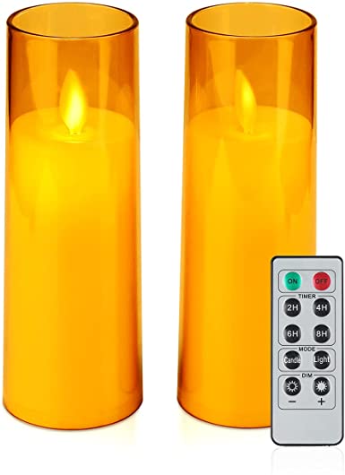 Comenzar Flickering Flameless Candles Battery Operated Candles Set of 2(D:2"x H:6.5") Imitating Glass Acrylic Effect LED Candles Include Realistic Moving Wick with Timer(Dark Brown)