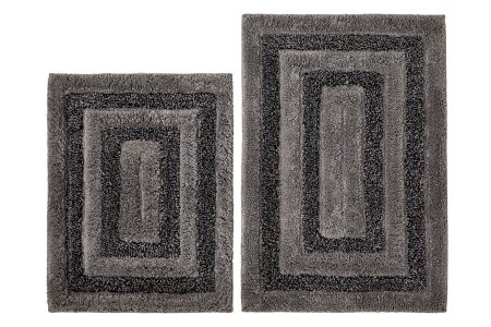 Cotton Craft - 2 Piece Bath Rug Set - Tweed Race Track - Grey Black - 100% Pure Cotton with Spray Latex Back - High Quality and absorbent - Super Soft and Plush - Hand Tufted Heavy Weight Durable Construction - Larger Rug is 21x32 Oblong and Second Rug is Oblong 18x24 - Other Styles available - New Scroll, Greek Key, Palm Tree, Grid Stripe, Reversible Race Track, Pebble and Solid Reversible - Easy care machine wash
